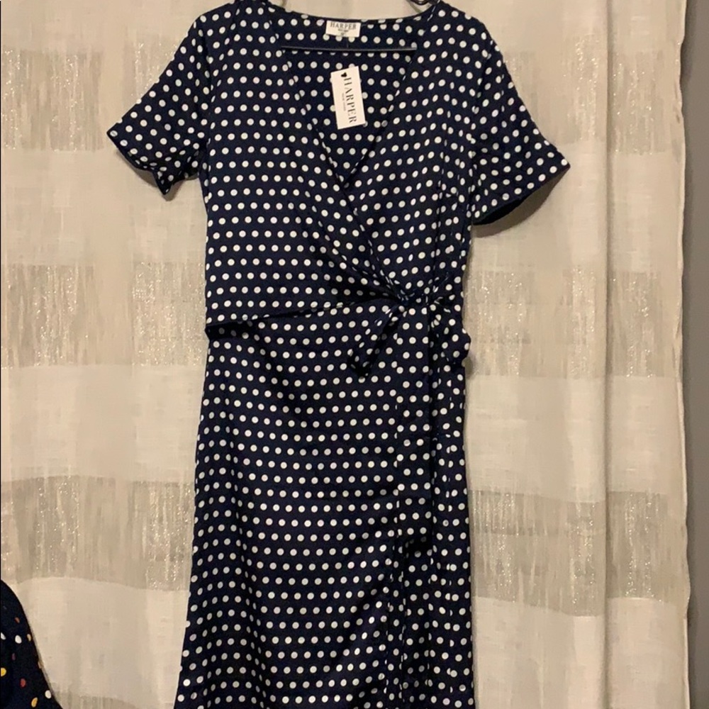 Navy blue dress with white polka dots